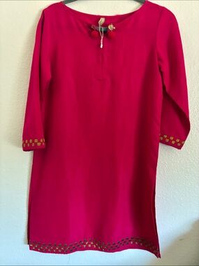 Pakistani / Indian Bright Fuchsia Shift Dress with Gold Trim. Generation